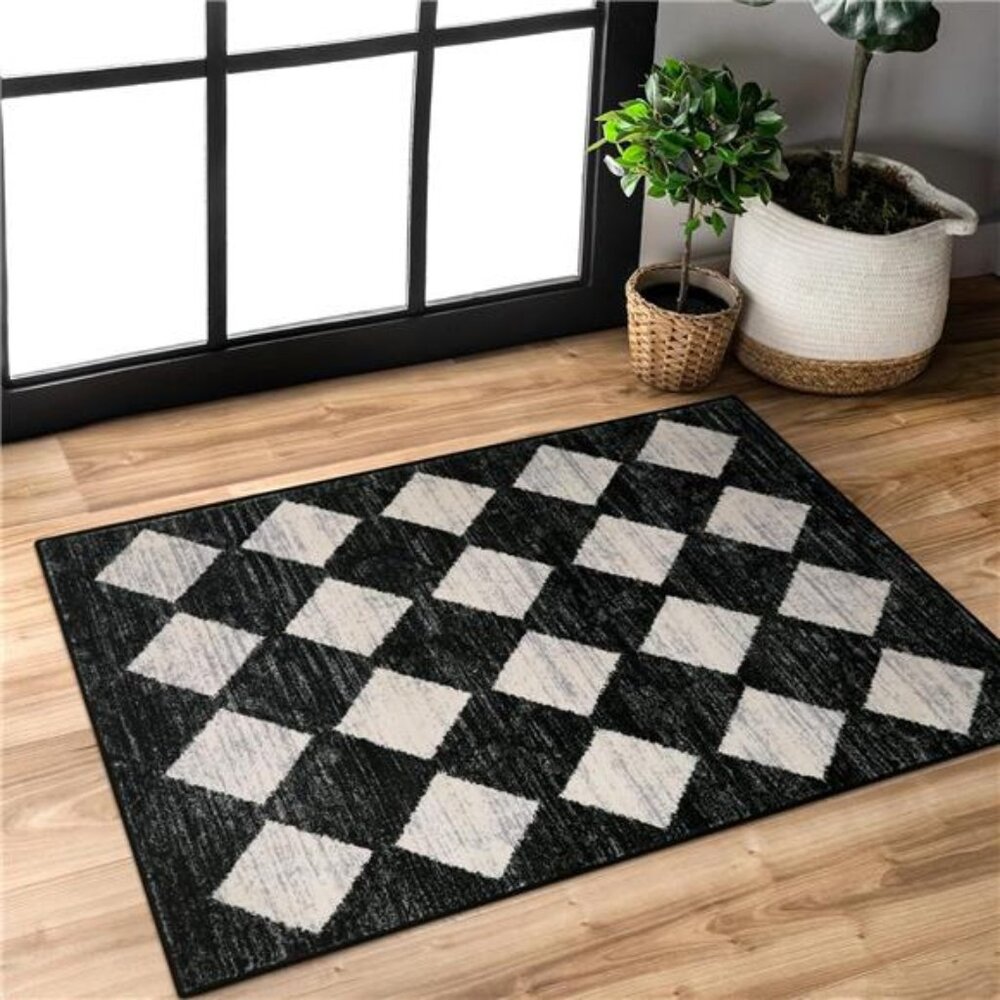 Area Rug - 2x3 Printed Small Black Checkered Entryway Rug Non Slip Kitchen Mat
